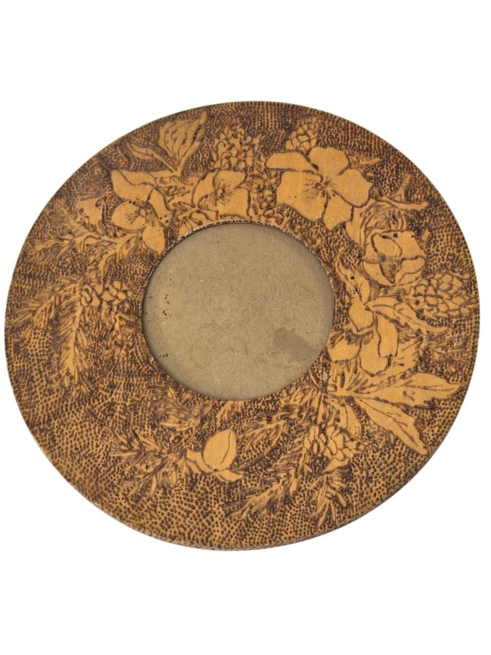 Vintage Pyrography Burnt Wood Picture Frame 9" Rustic Floral Woodland